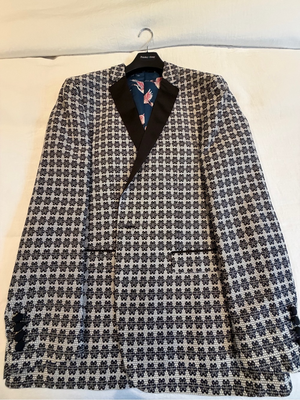 Paisley & Gray Black and White Patterned Sport Coat with Satin Lapels